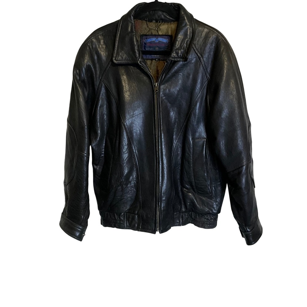 Club House Vintage 80's Black‎ Leather Bomber Jacket Quilted Pheasant Lining S